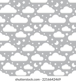 clouds with grey background for baby girl or boy textile and fabric print. Kawaii sky seamless pattern , wallpaper art for nursery room.