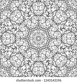 Clouds hand drawn abstract seamless pattern. Overcloud ink pen texture. Black and white drawing. Sketch chinese style illustration. Sketched textile, wrapping paper, background monochrome vector fill