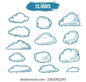 clouds hand drawn in blue ink on white background