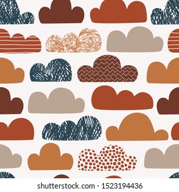 Clouds hand drawn color vector seamless pattern. Autumn colours doodle eddies on white background. Decorative zigzag, line, scribble and circle spot clouds flat illustration. Textile, wallpaper design