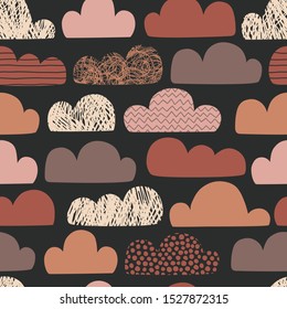 Clouds hand drawn color vector seamless pattern. Autumn colours doodle eddies on white background. Cartoon zigzag, line, scribble and circle spot clouds flat illustration. Textile, wallpaper design