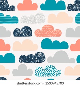 Clouds hand drawn color vector seamless pattern. Multicolor doodle eddies on white background. Decorative zigzag, line, scribble and circle spot clouds flat illustration. Textile, wallpaper design
