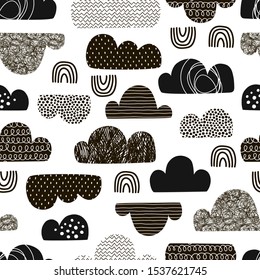 Clouds hand drawn color vector seamless pattern. Black doodle eddies on white background. Decorative zigzag, line, scribble and circle spot clouds flat illustration. Textile, wallpaper design idea