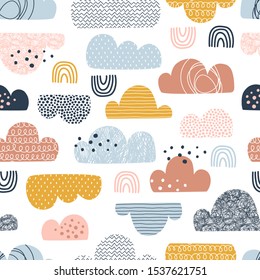 Clouds hand drawn color vector seamless pattern. Multicolor doodle eddies on white background. Decorative zigzag, line, scribble and circle spot clouds flat illustration. Textile, wallpaper design