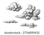 Clouds in hand drawn vintage retro style isolated on white background. Cartoon design elements. Landscape elements in sketch style. Vector illustration.	
