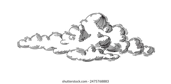 Nubes dibujadas a mano estilo retro vintage aislado sobre fondo blanco. Elementos de diseño de dibujos animados. Elementos de paisaje en estilo boceto. Ilustración vectorial.	
