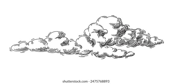 Clouds in hand drawn vintage retro style isolated on white background. Cartoon design elements. Landscape elements in sketch style. Vector illustration.	
