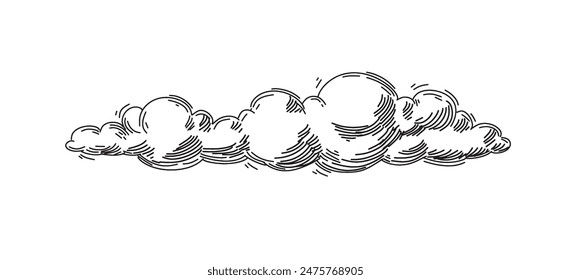 Clouds in hand drawn vintage retro style isolated on white background. Cartoon design elements. Landscape elements in sketch style. Vector illustration.	
