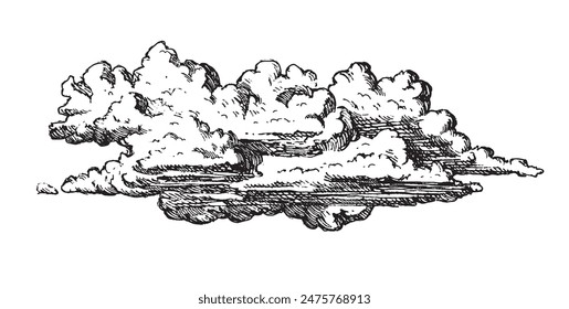 Clouds in hand drawn vintage retro style isolated on white background. Cartoon design elements. Landscape elements in sketch style. Vector illustration.	
