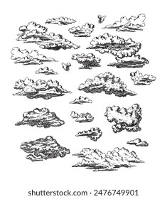 Clouds in hand drawn vintage retro style isolated on white background. Cartoon design elements. Landscape elements in sketch style. Vector illustration.	
