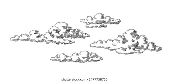 Nubes dibujadas a mano estilo retro vintage aislado sobre fondo blanco. Elementos de diseño de dibujos animados. Elementos de paisaje en estilo boceto. Ilustración vectorial.	
