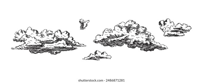 Nubes dibujadas a mano estilo retro vintage aislado sobre fondo blanco. Elementos de diseño de dibujos animados. Elementos de paisaje en estilo boceto. Ilustración vectorial.	
