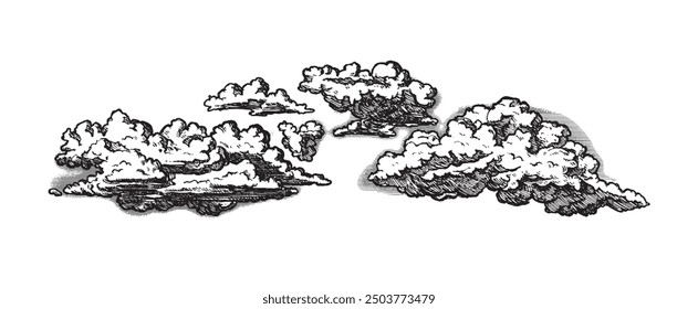 Nubes en estilo retro vintage dibujado a mano aislado sobre fondo blanco. Elementos de diseño de dibujos animados. Elementos de paisaje en estilo sketch. Ilustración vectorial.	

