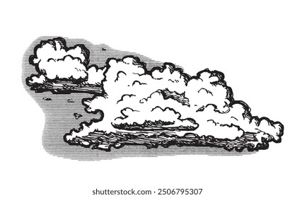 Nubes en estilo retro vintage dibujado a mano aislado sobre fondo blanco. Elementos de diseño de dibujos animados. Elementos de paisaje en estilo sketch. Ilustración vectorial.	
