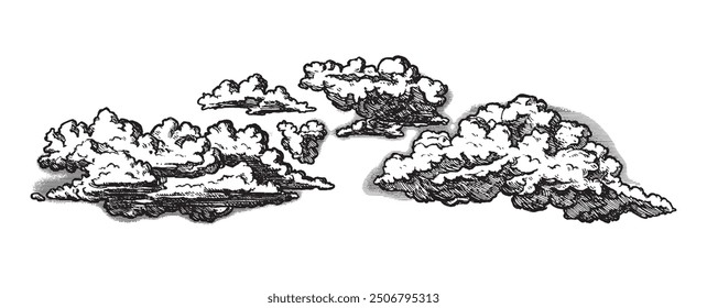 Clouds in hand drawn vintage retro style isolated on white background. Cartoon design elements. Landscape elements in sketch style. Vector illustration.	
