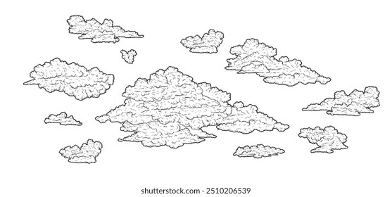 Nuvens em mão desenhado vintage estilo retro isolado no fundo branco. Elementos de desenho de desenhos animados. Elementos de paisagem em estilo de esboço. Ilustração vetorial.	
