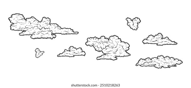 Nubes en estilo retro vintage dibujado a mano aislado sobre fondo blanco. Elementos de diseño de dibujos animados. Elementos de paisaje en estilo sketch. Ilustración vectorial.	
