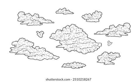 Clouds in hand drawn vintage retro style isolated on white background. Cartoon design elements. Landscape elements in sketch style. Vector illustration.	
