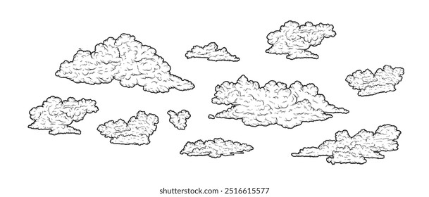 Nubes en estilo retro vintage dibujado a mano aislado sobre fondo blanco. Elementos de diseño de dibujos animados. Elementos de paisaje en estilo sketch. Ilustración vectorial.	
