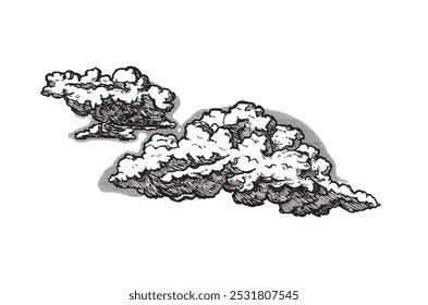 Clouds in hand drawn vintage retro style isolated on white background. Cartoon design elements. Landscape elements in sketch style. Vector illustration.	
