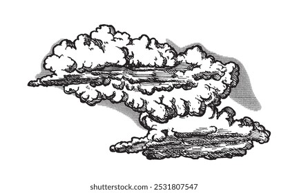 Clouds in hand drawn vintage retro style isolated on white background. Cartoon design elements. Landscape elements in sketch style. Vector illustration.	
