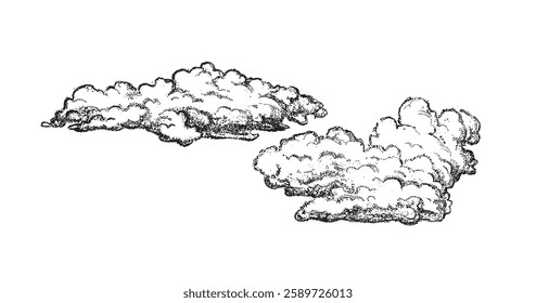 Clouds in hand drawn vintage retro style in tattoo dot work style. Cartoon design elements. Landscape elements in sketch style. Vector illustration.