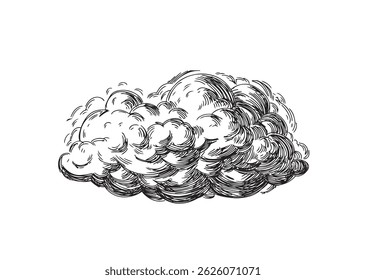 Nuvens em mão desenhado vintage estilo retro isolado no fundo branco. Elementos de desenho de desenhos animados. Elementos de paisagem em estilo de esboço. Ilustração vetorial.	

