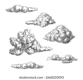 Nubes en estilo retro vintage dibujado a mano aislado sobre fondo blanco. Elementos de diseño de dibujos animados. Elementos de paisaje en estilo sketch. Ilustración vectorial.	
