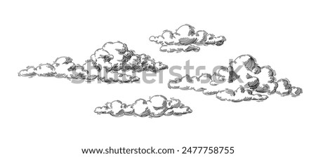 Clouds in hand drawn vintage retro style isolated on white background. Cartoon design elements. Landscape elements in sketch style. Vector illustration.	
