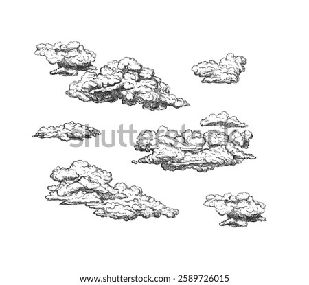 Clouds in hand drawn vintage retro style in tattoo dot work style. Cartoon design elements. Landscape elements in sketch style. Vector illustration.