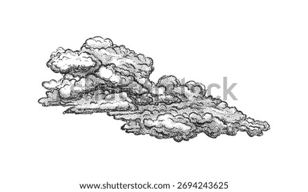 Clouds in hand drawn vintage retro style isolated on white background. Cartoon design elements. Landscape elements in sketch style. Vector illustration.	