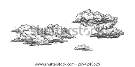 Clouds in hand drawn vintage retro style isolated on white background. Cartoon design elements. Landscape elements in sketch style. Vector illustration.	
