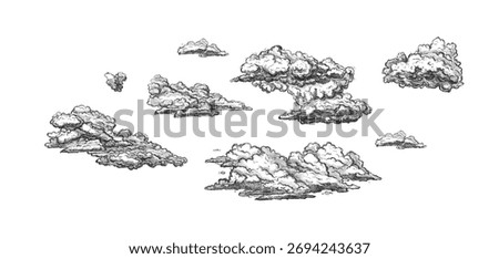 Clouds in hand drawn vintage retro style isolated on white background. Cartoon design elements. Landscape elements in sketch style. Vector illustration.	