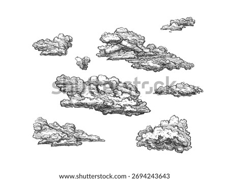 Clouds in hand drawn vintage retro style isolated on white background. Cartoon design elements. Landscape elements in sketch style. Vector illustration.	