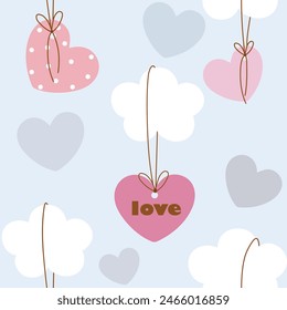 clouds  hang   hearts ,  polka dot  hearts and hearts with text " Love " in the sky  seamless pattern  , vector illustration