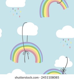 clouds hang rainbows  by ribbon in the sky  seamless pattern on pastel blue color ,vector illustration