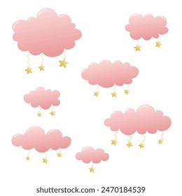 Clouds with hanging stars set. Pink gradient, good night, sleep. Design element for kids room, vector isolated on white background.