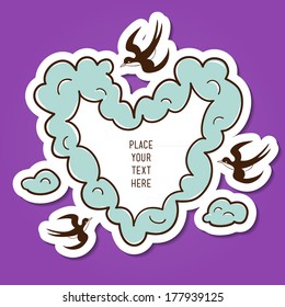 Clouds heart frame. Paper sticker imitation. Vector card concept. Romantic tender design
