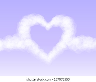 Clouds heart on pink romantic sky background. Vector