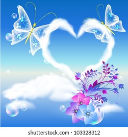 Clouds heart in the sky, flowers and two butterflies