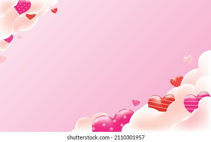 Clouds and Hearts on Pink Background. Valentine and Romance Vector Illustration.