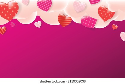 Clouds and Hearts on Purple Background. Valentine and Romance Vector Illustration.