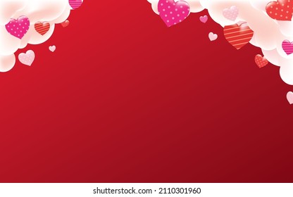 Clouds and Hearts on Red Background. Valentine and Romance Vector Illustration.