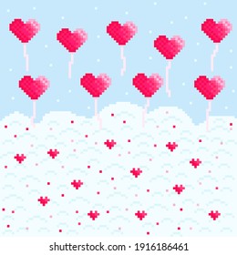 Clouds and hearts pixel art. Valentine's Day heart balloon on background with clouds pixel.