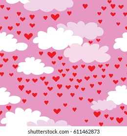 Clouds with hearts raining. Seamless pattern. Vector illustration on pink background