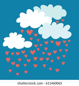 Clouds with hearts raining.  Vector illustration on blue background
