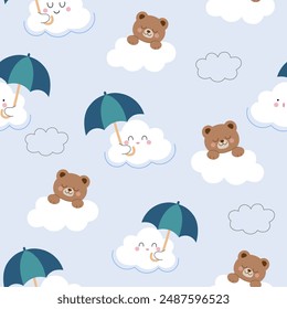 nubes sosteniendo paraguas y ositos de peluche en las nubes patrón sin fisuras , Ilustración vectorial