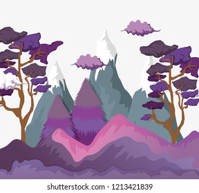 clouds with ice mountains and trees landscape