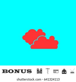Clouds icon flat. Red pictogram on blue background. Vector illustration symbol and bonus buttons Music center, corkscrew, credit card, house, drum