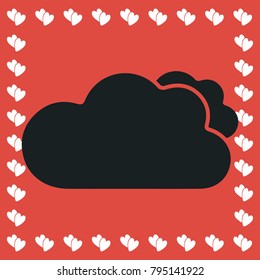 Clouds icon flat. Simple black pictogram on red background with white hearts for valentines day. Vector illustration symbol